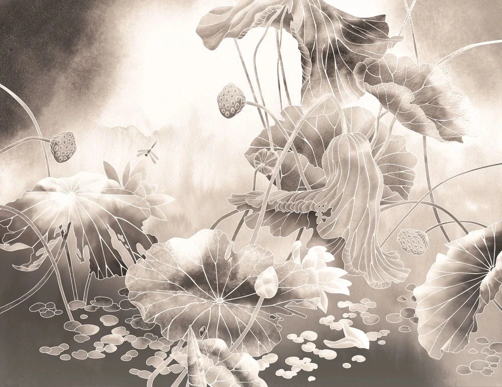 Фотообои и фрески на стену - в ванную комнату, графика, лотосы, листья лотосов, бежевые