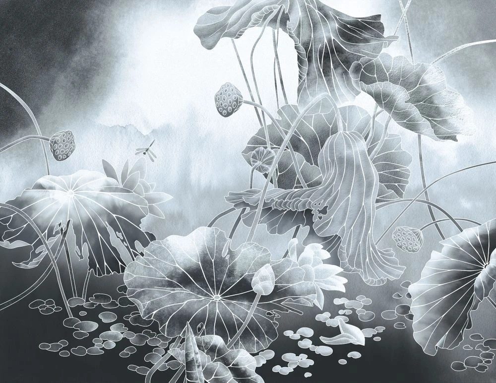 Фотообои на стену - в ванную комнату, графика, лотосы, листья лотосов, голубая