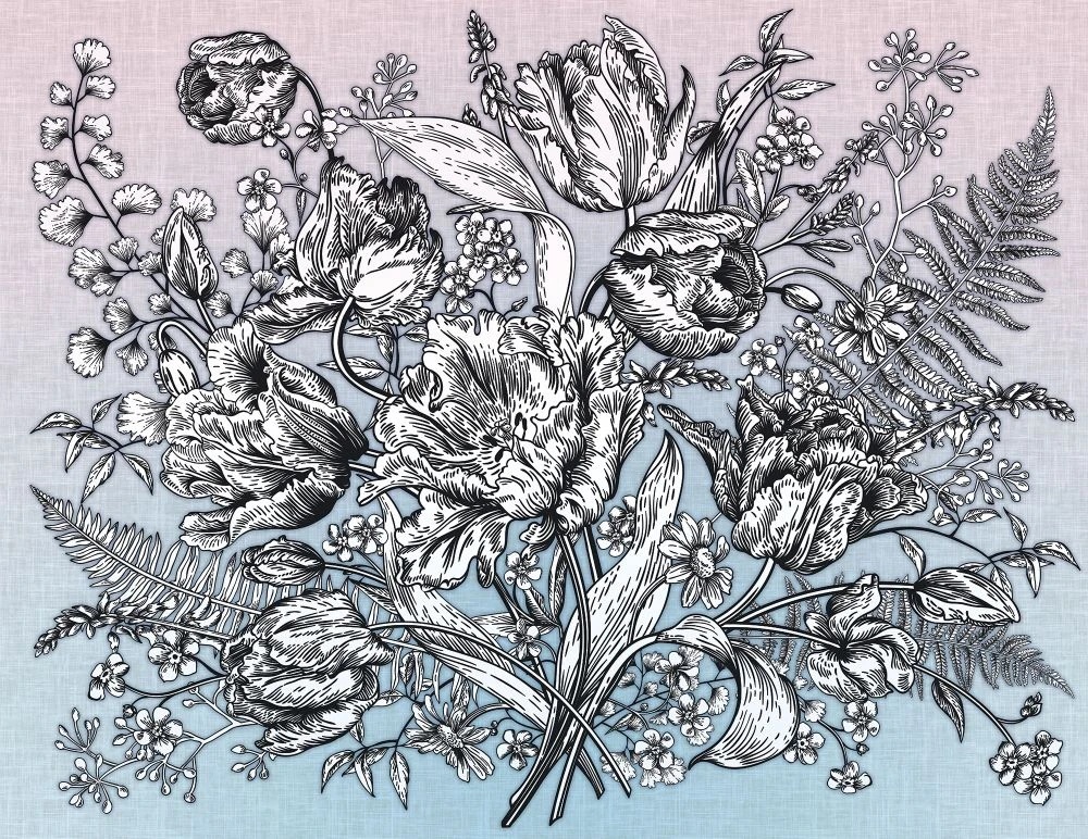 Фотообои на стену - в ванную комнату, цветы, графика, гравюра, черные, розово-голубая