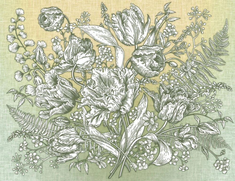 Фотообои на стену - в ванную комнату, графика, цветы, гравюра, белые, желто-зеленая