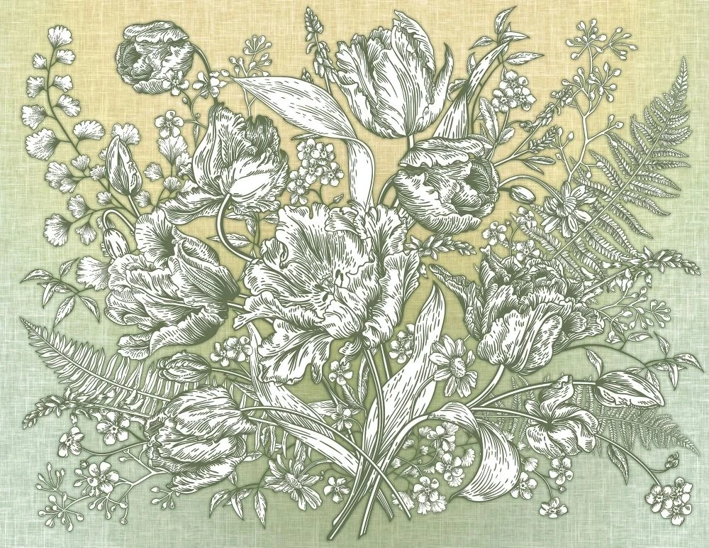 Фотообои и фрески на стену - в ванную комнату, графика, цветы, гравюра, белые, желто-зеленая