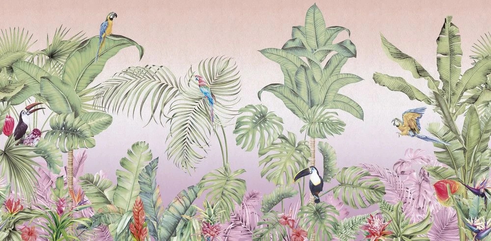 Фотообои и фрески на стену - в детскую комнату, тропики, пальмы, розовая