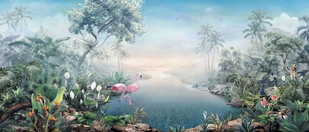 Фотообои и фрески на стену - в детскую комнату, тропики, фламинго, синяя