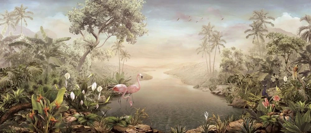 Фотообои и фрески на стену - в детскую комнату, тропики, фламинго, светло коричневая