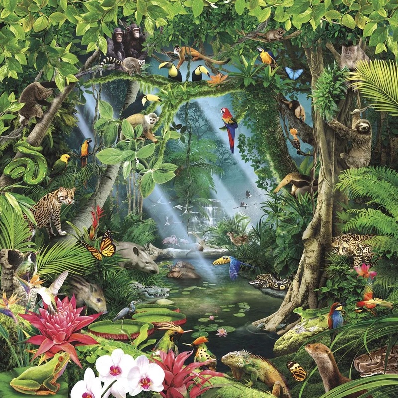 Фотообои и фрески на стену - в детскую комнату, джунгли, звери в лесу, птицв звери в лесу, лесные звери в лесу