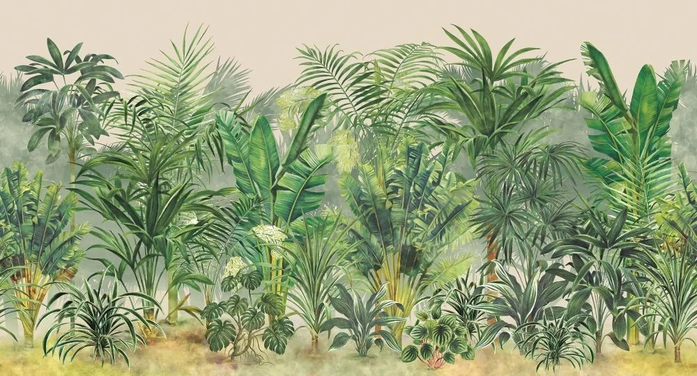 Фотообои и фрески на стену - в загородный дом, тропики, пальмы, розово-зеленая