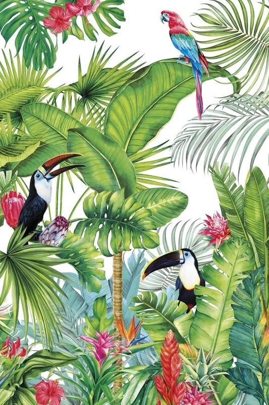 Фотообои на стену - в детскую комнату, тропики, пальмы, попугаи, зеленая, красные