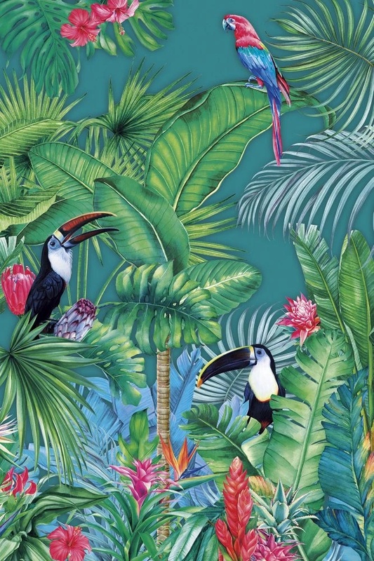 Фотообои и фрески на стену - в детскую комнату, тропики, пальмы, попугаи, сине-зеленая, красные