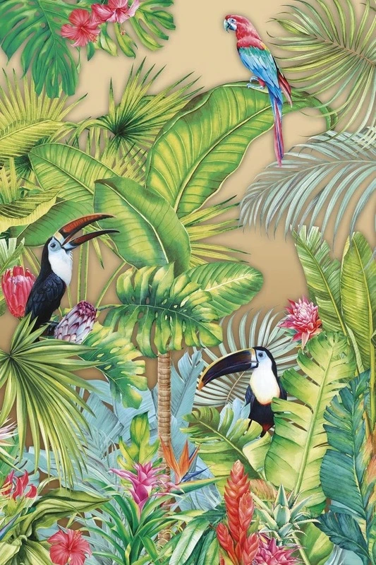 Фотообои на стену - в детскую комнату, тропики, пальмы, попугаи, желто-зеленая