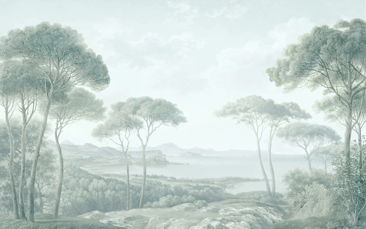 Фотообои и фрески на стену - пейзаж, сосны, итальянские, новинки, светлый пейзаж, нежный лес на стену, красивая в гостиную, изящная, природа, зеленая