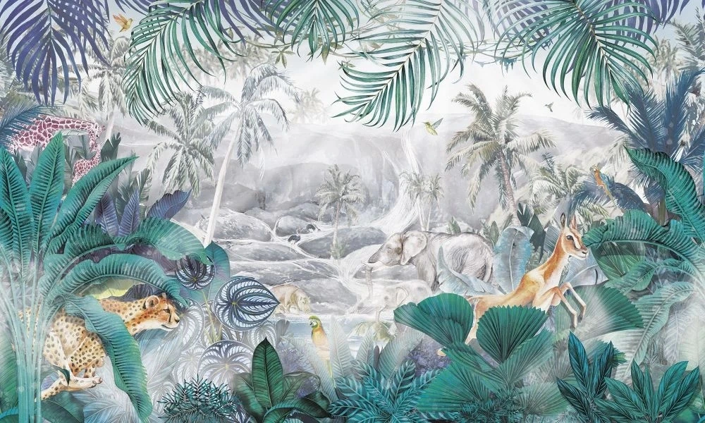 Фотообои и фрески на стену - в детскую комнату, бирюзовые, звери, птицы, лес