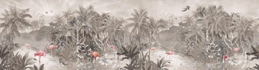 Фотообои на стену - в детскую комнату, тропики, светлые, фламинго