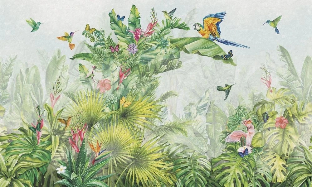 Фотообои и фрески на стену - в детскую комнату, тропики, птицы, бабочки, красные