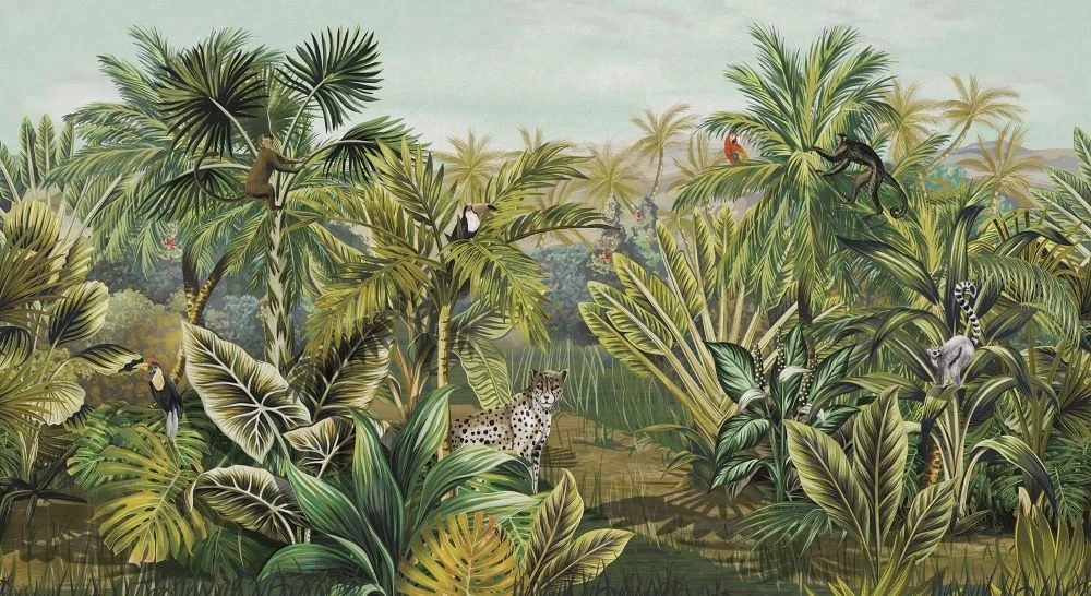 Фотообои на стену - в детскую комнату, тропики, пальмы, леопарды