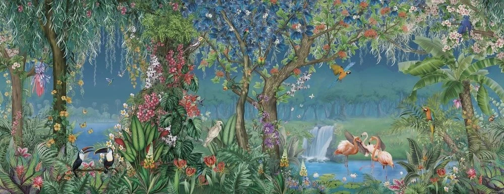 Фотообои и фрески на стену - в детскую комнату, тропики, ярко бирюзовые, с красными цветами, птицы