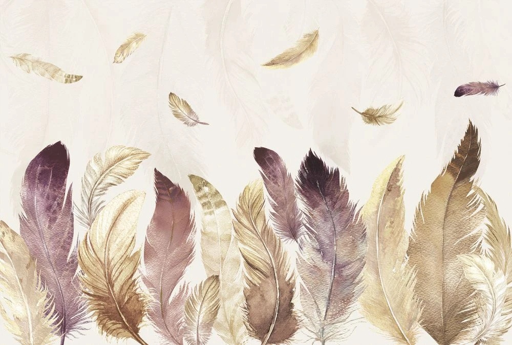 Фотообои и фрески на стену - молодежные, перья, фиолетовые, на кремовом фоне