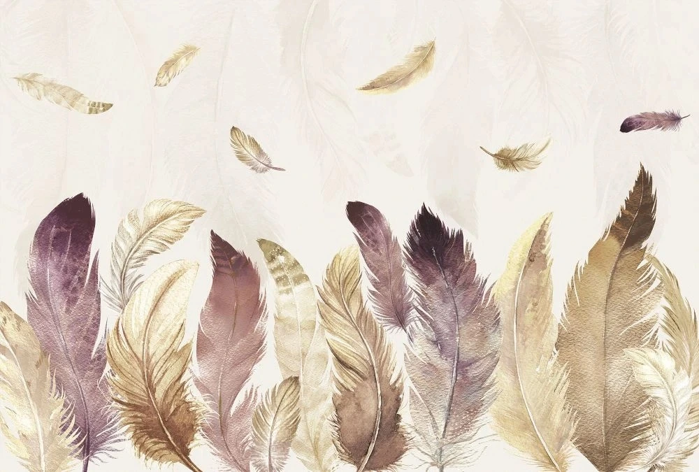 Фотообои и фрески на стену - молодежные, перья, фиолетовые, на кремовом фоне