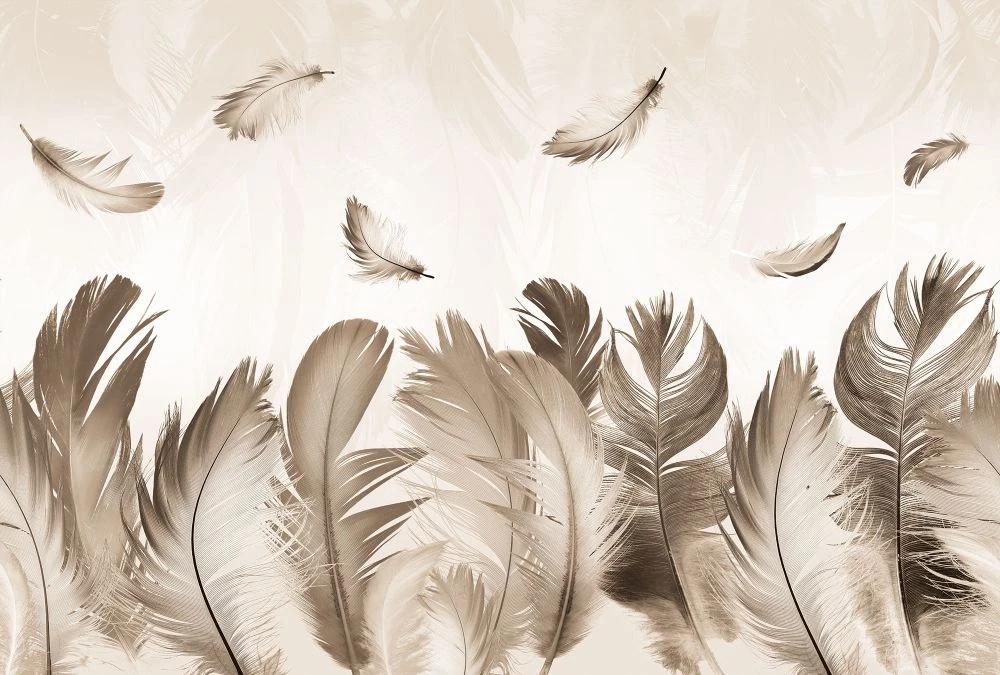 Фотообои и фрески на стену - молодежные, перья, бежевые