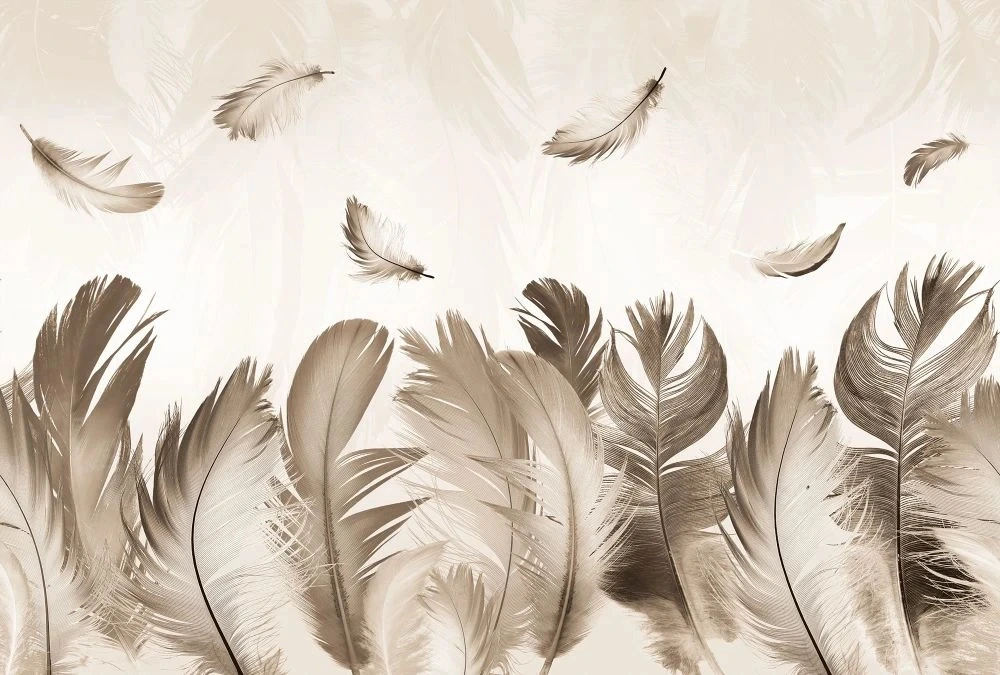 Фотообои и фрески на стену - молодежные, перья, бежевые