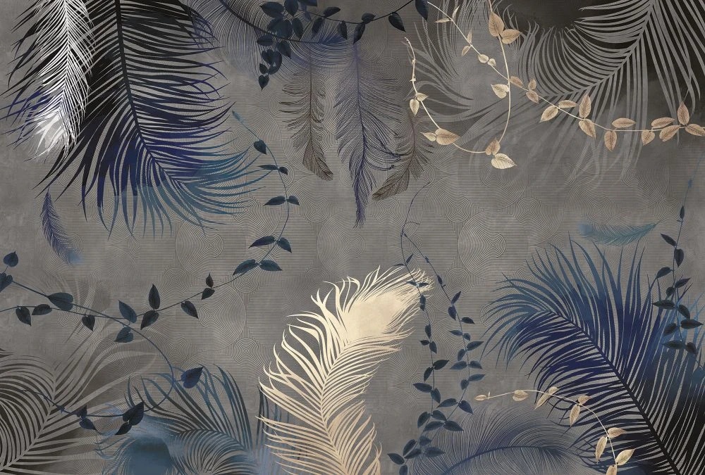 Фотообои на стену - молодежные, перья, на сером фоне