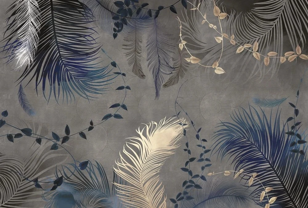 Фотообои и фрески на стену - молодежные, перья, на сером фоне