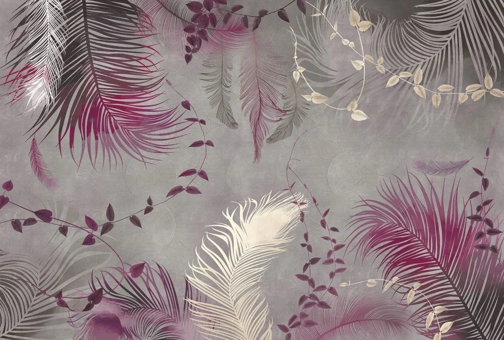 Фотообои и фрески на стену - молодежные, перья, на сером фоне, фуксия