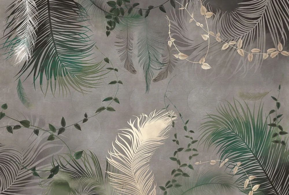 Фотообои на стену - молодежные, перья, на сером фоне, зеленые