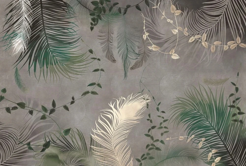 Фотообои и фрески на стену - молодежные, перья, на сером фоне, зеленые