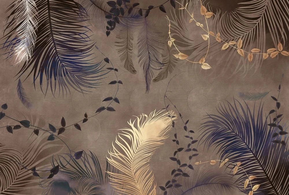 Фотообои и фрески на стену - молодежные, перья, на сером фоне, зеленые