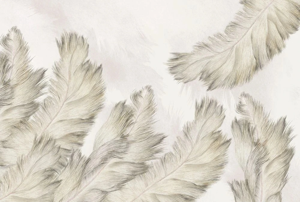 Фотообои и фрески на стену - молодежные, графика, перья, бежевые