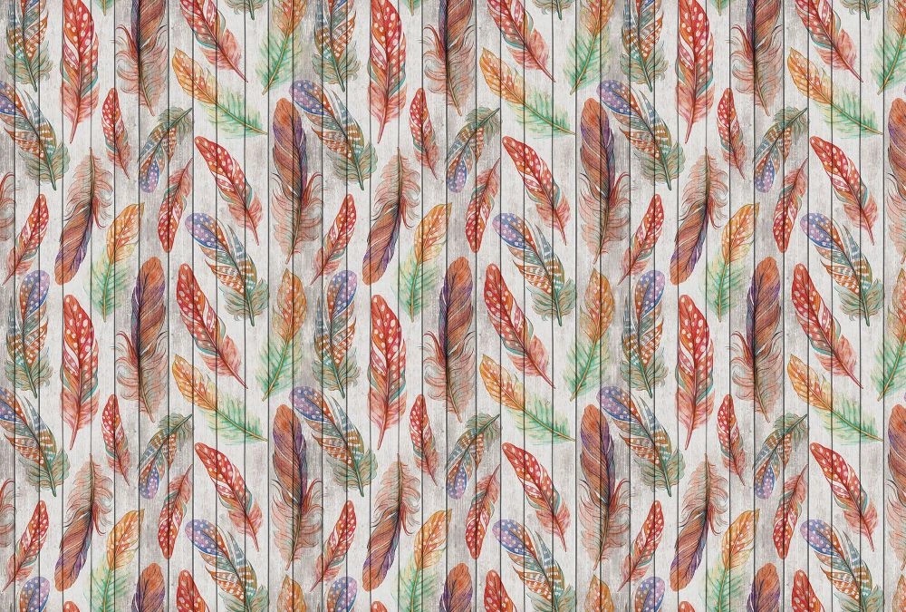 Фотообои и фрески на стену - лофт, обои с перьями, красно-зеленые