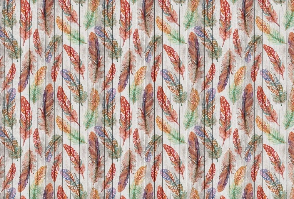 Фотообои и фрески на стену - лофт, обои с перьями, красно-зеленые