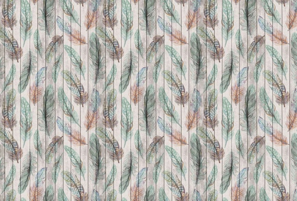 Фотообои на стену - лофт, обои с перьями, сине-зеленые