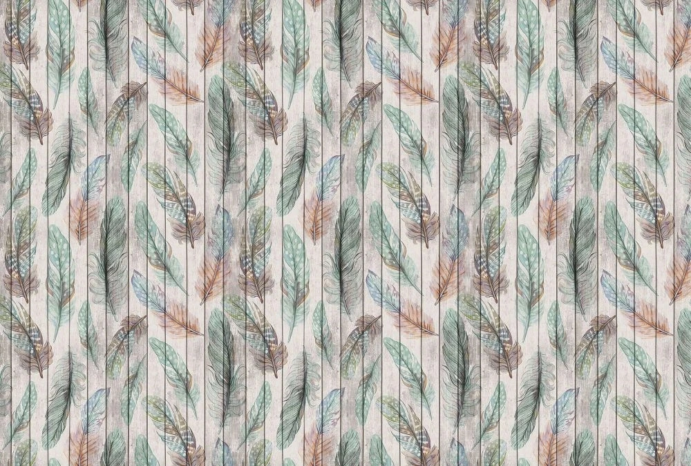 Фотообои и фрески на стену - лофт, обои с перьями, сине-зеленые
