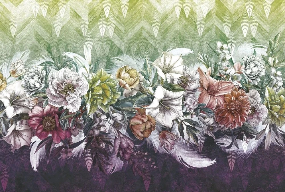 Фотообои и фрески на стену - молодежные, перья, цветы, зеленые