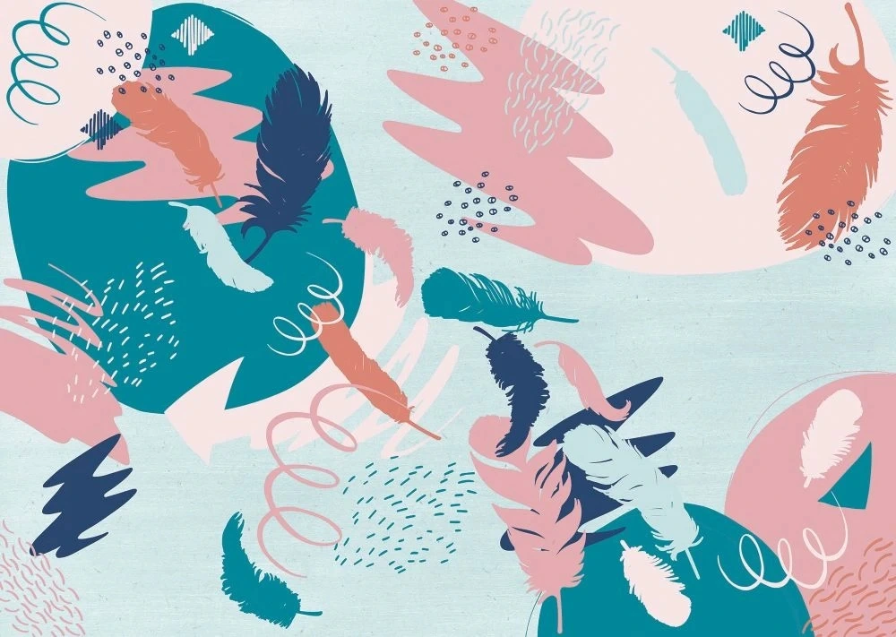 Фотообои и фрески на стену - абстракция, перья, розовые, бирюзовые