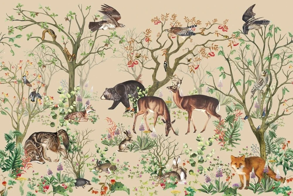 Фотообои на стену - в детскую комнату, обои с животными, на бежевом фоне