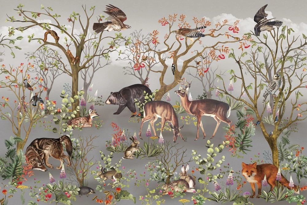 Фотообои на стену - в детскую комнату, обои с животными, на сером фоне