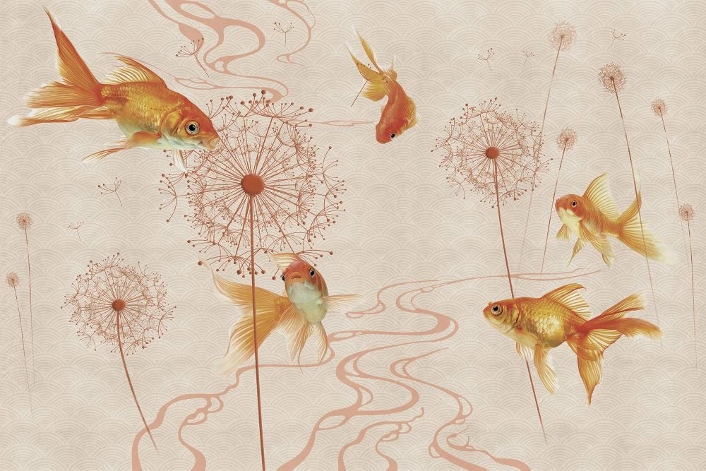 Фотообои и фрески на стену - в детскую комнату, обои с рыбами, коричневые, на бежевом фоне