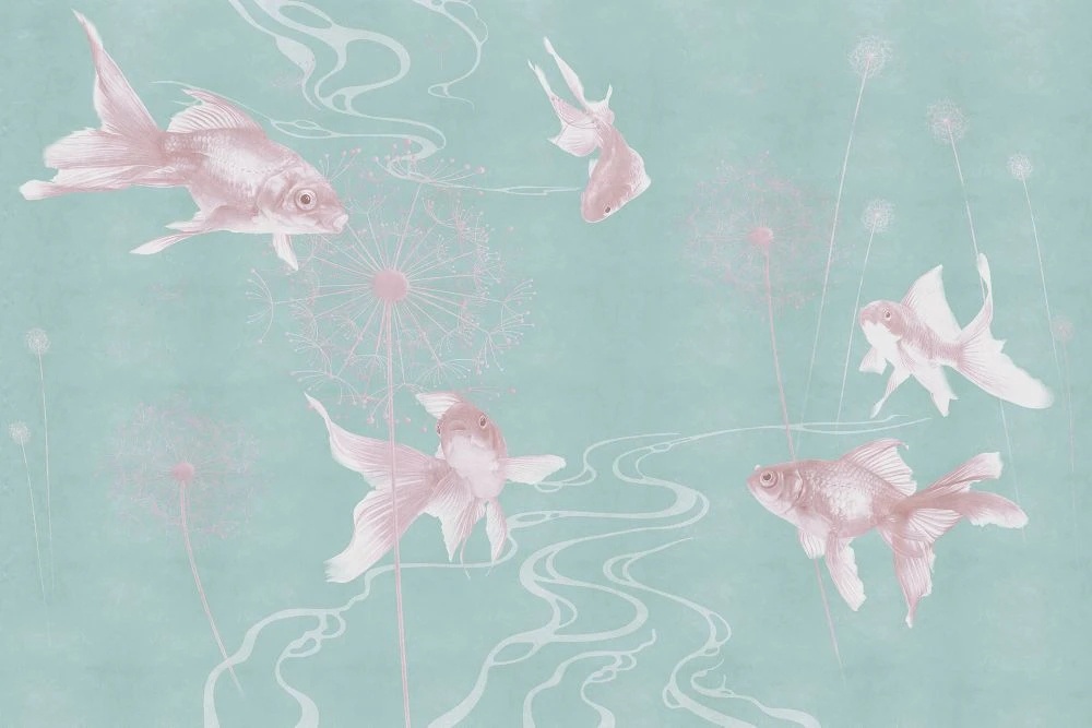 Фотообои и фрески на стену - в детскую комнату, обои с рыбами, голубые