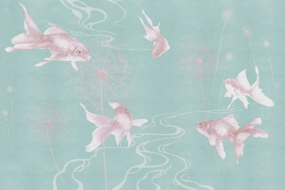 Фотообои и фрески на стену - в детскую комнату, обои с рыбами, голубые