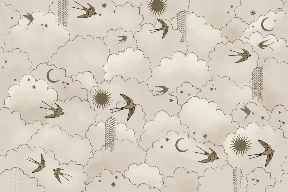 Фотообои на стену - в детскую комнату, обои с птицами, бежевые