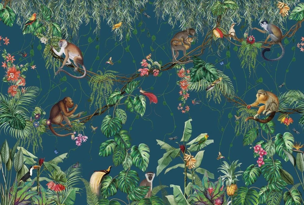 Фотообои и фрески на стену - в детскую комнату, обои с обезьянками, темно бирюзовая