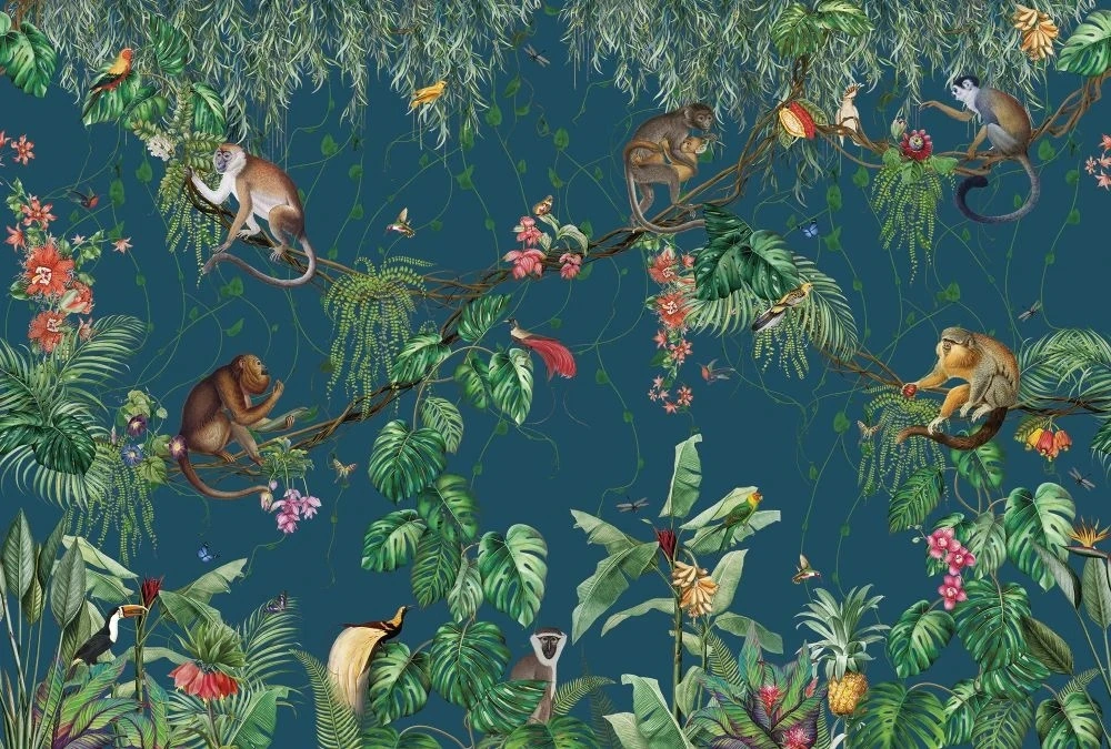 Фотообои и фрески на стену - в детскую комнату, обои с обезьянками, темно бирюзовая