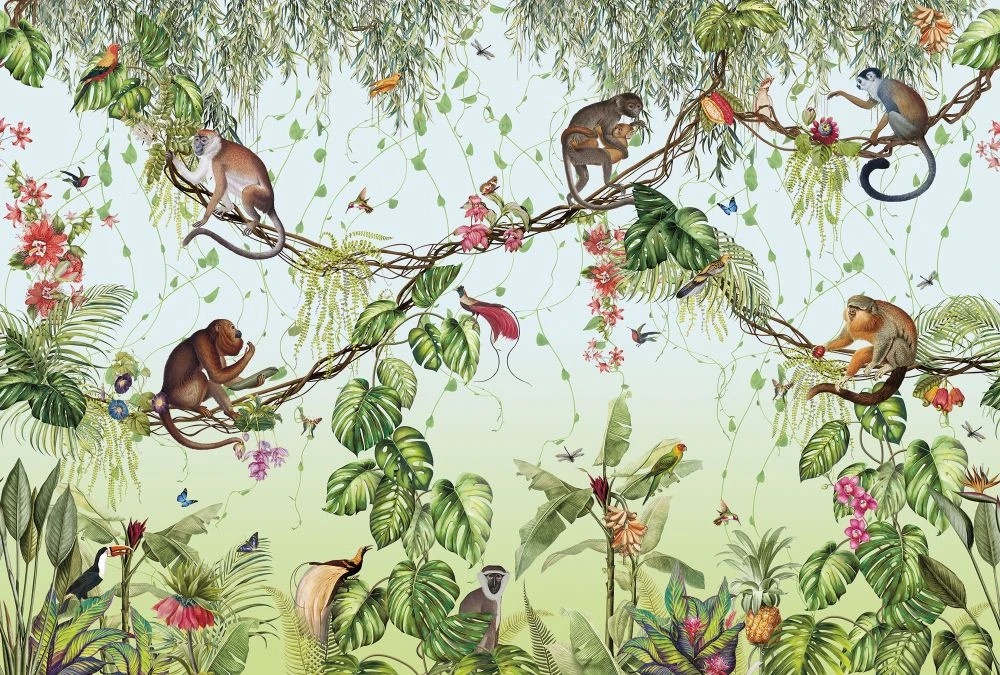 Фотообои на стену - в детскую комнату, обои с обезьянками, светло зеленая