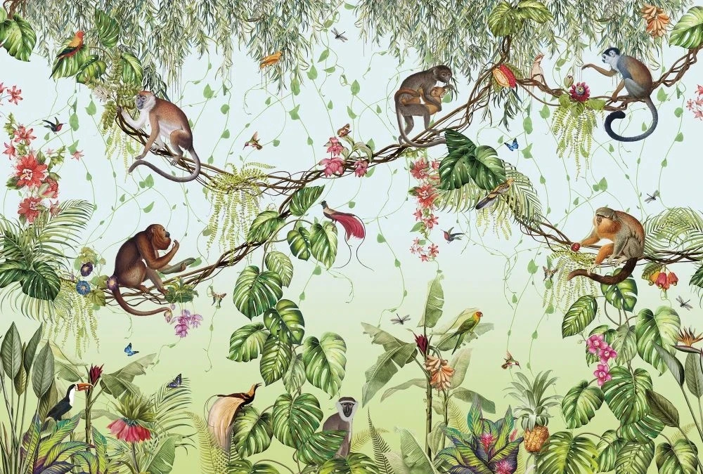 Фотообои на стену - в детскую комнату, обои с обезьянками, светло зеленая