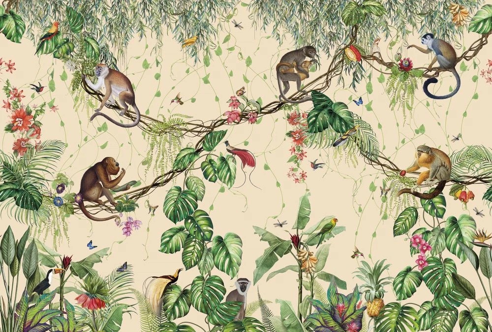 Фотообои на стену - в детскую комнату, обои с обезьянками, на персиковом фоне