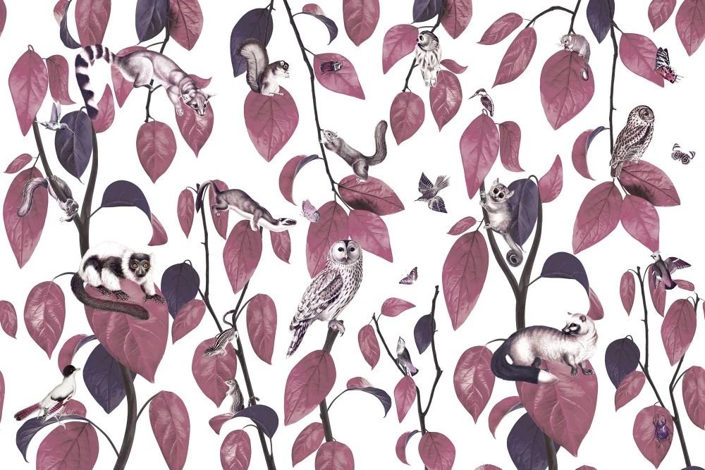 Фотообои на стену - в детскую комнату, листья и птицы, бордовые