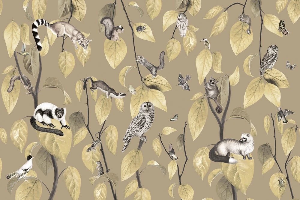 Фотообои на стену - в детскую комнату, листья и птицы, бежевые