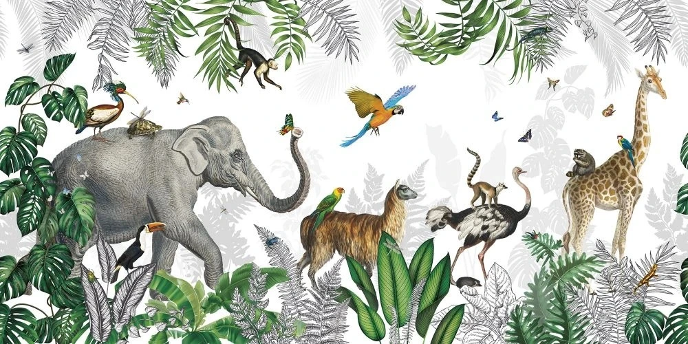 Фотообои и фрески на стену - в детскую комнату, животные в лесу, зеленая, на белом фоне